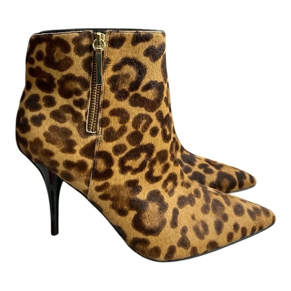 Marc Fisher LTD MLFaye Brown Calf Hair Leopard Booties Side Zipper Women 9.5M